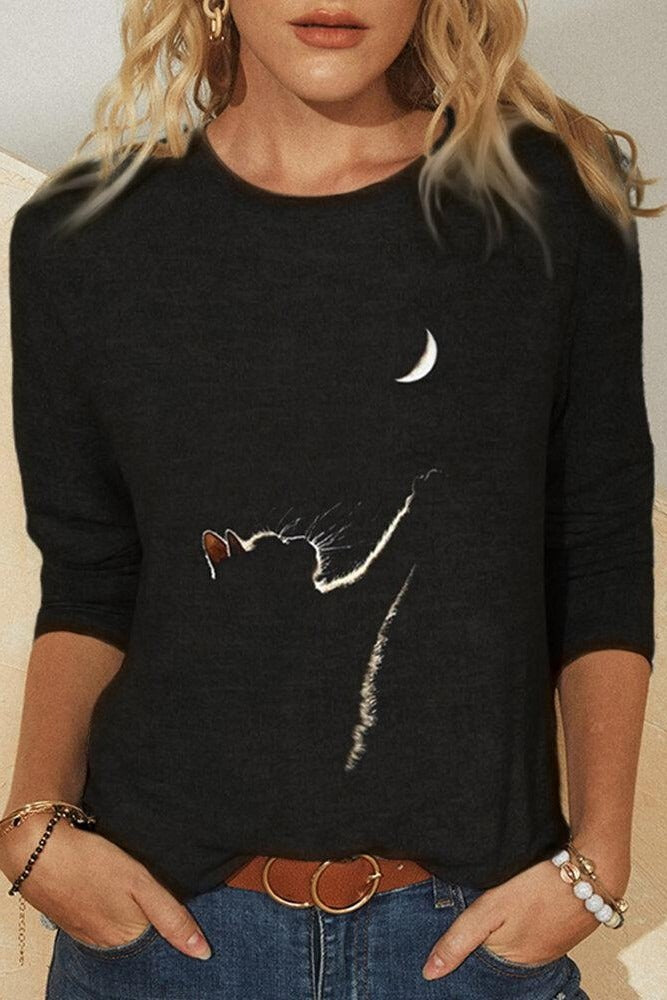 Moon Cat Print Crew Neck Long Sleeves Sweatshirt