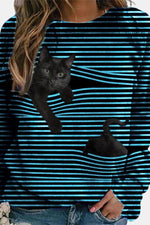 Stripe Cat Print Crew Neck Long Sleeves Sweatshirt