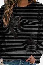 Stripe Cat Print Crew Neck Long Sleeves Sweatshirt