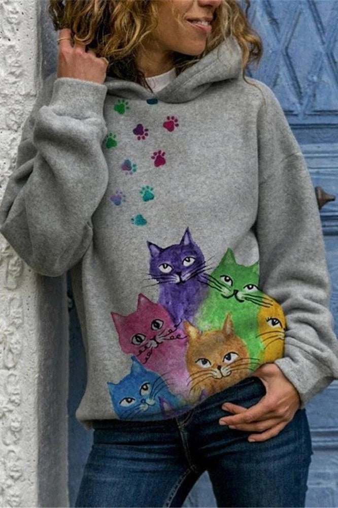 Cat Print Hooded Long Sleeves Sweatshirt