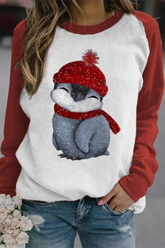 Penguin Print Round Neck Long Sleeves Sweatshirt