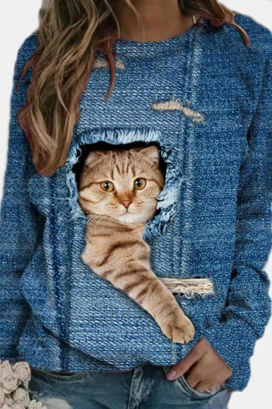 Cat Print Round Neck Long Sleeves Sweatshirt