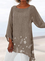Floral Print Crew Neck Irregular Hem 3/4 Sleeves Blouse