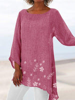 Floral Print Crew Neck Irregular Hem 3/4 Sleeves Blouse