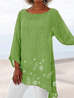 Floral Print Crew Neck Irregular Hem 3/4 Sleeves Blouse