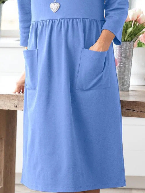 Solid Color with Pockets 3/4 Sleeves Midi Dress
