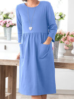 Solid Color with Pockets 3/4 Sleeves Midi Dress
