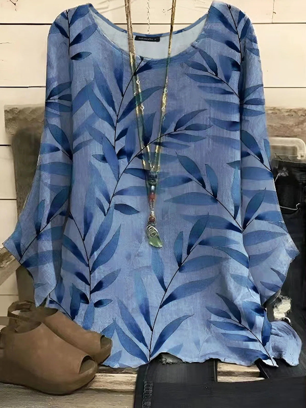 Leaf Print Crew Neck 3/4 Sleeves Casual Shirts