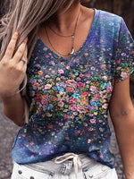 Floral Print V-neck Short Sleeves Casual T-shirt