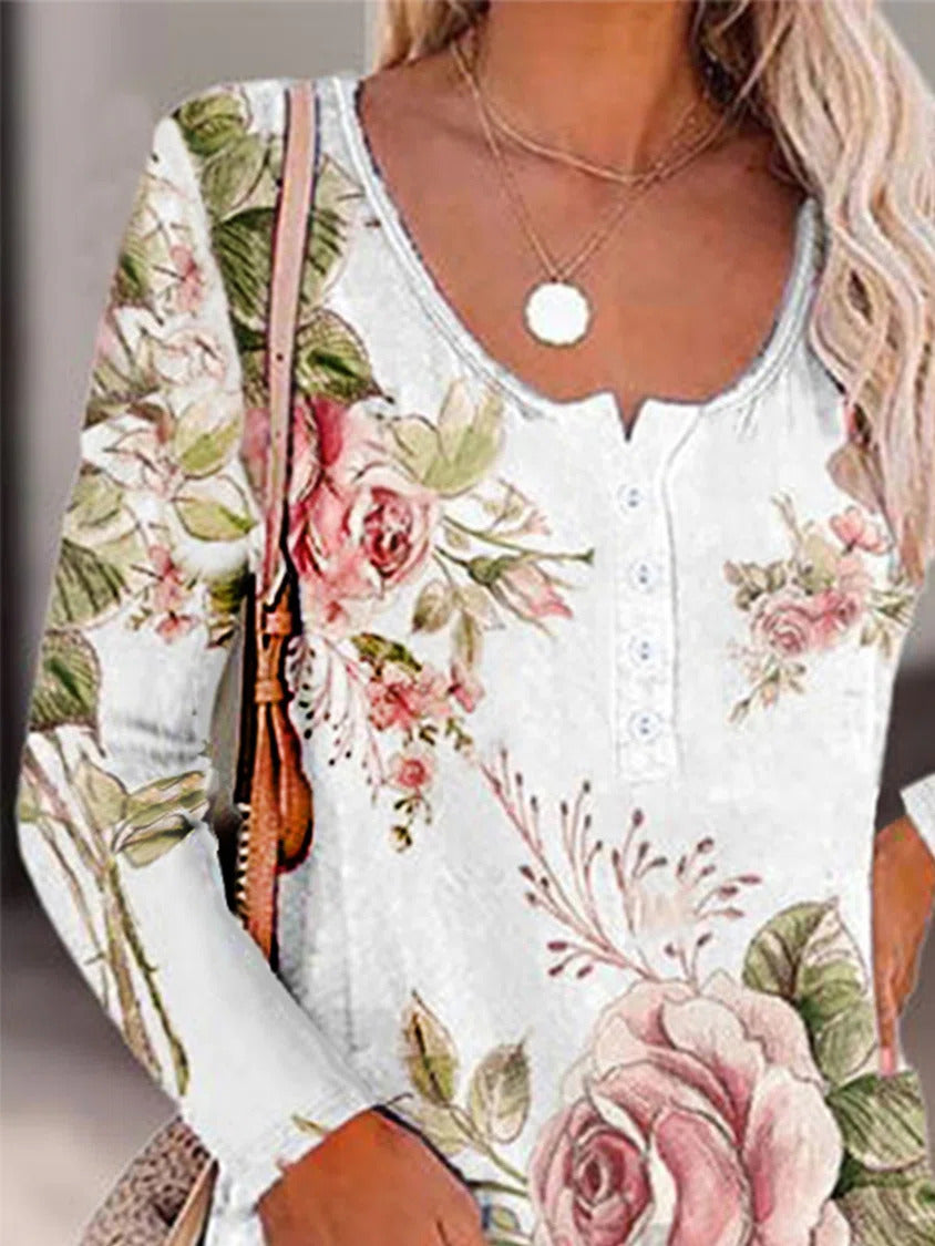 Floral Print Scoop Neck Buttons Long Sleeves Shirts