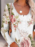 Floral Print Scoop Neck Buttons Long Sleeves Shirts