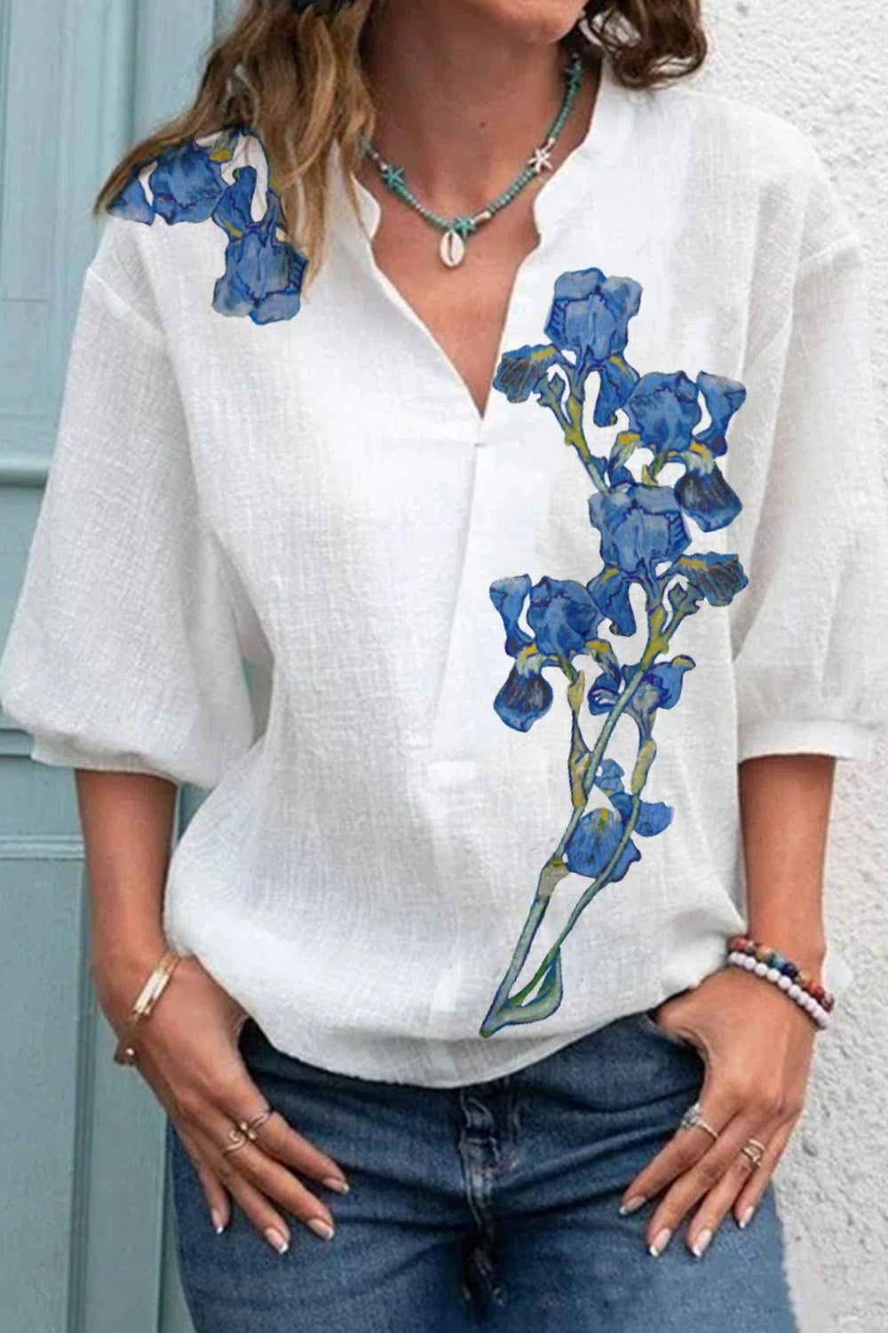 Irises Print V-neck Puff Sleeves Casual Blouse