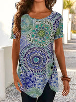 Mandala Tribal Print Short Sleeves Irregular Hem T-shirt