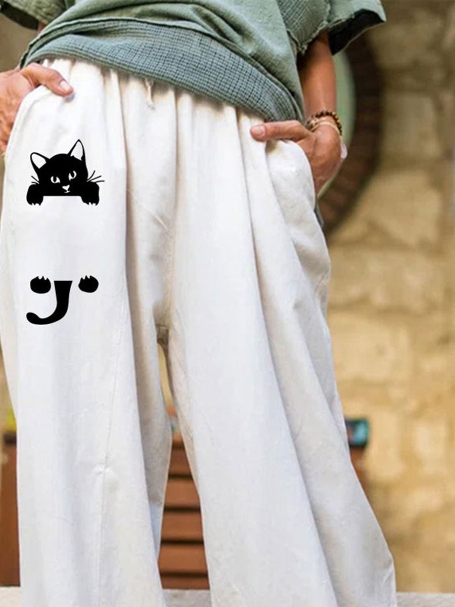 Cat Print with Pockets Casual Elastic Waist Pants