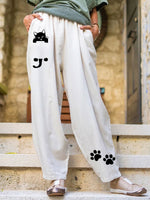 Cat Print with Pockets Casual Elastic Waist Pants