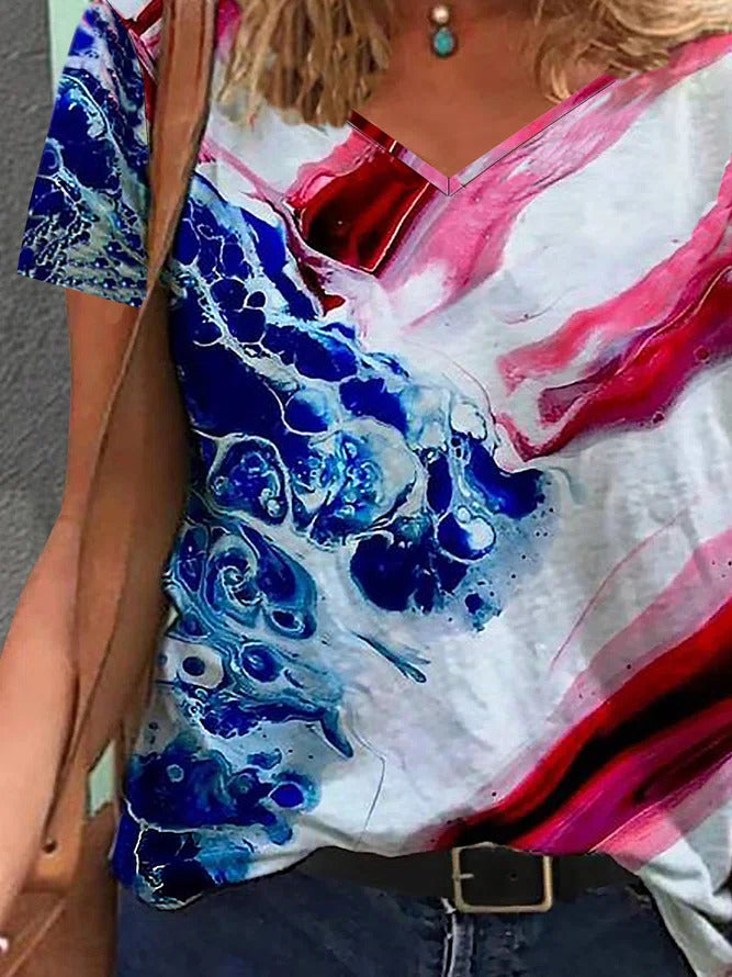 Abstract Tie-dye Print V-neck Short Sleeves T-shirt