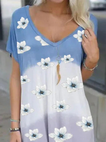 Floral Print V-neck Short Sleeves Mini Dress