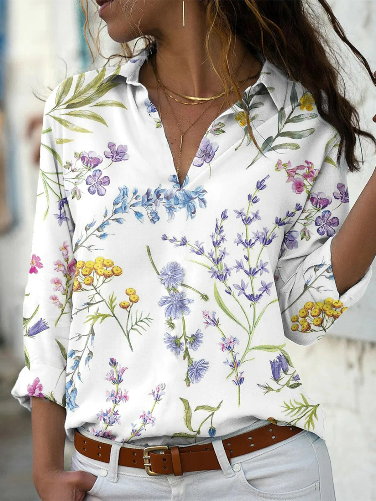 Floral Print Lapel V-neck Long Sleeves Blouses