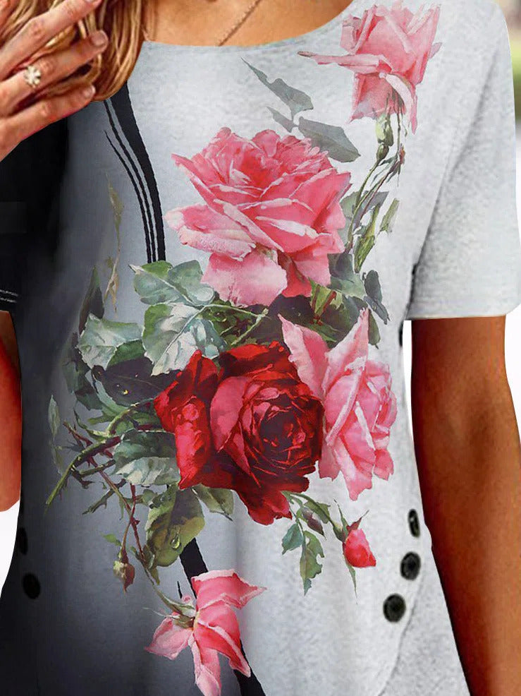 Floral Print Round Neck Irregular Hem Knitted Tshirt