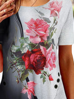 Floral Print Round Neck Irregular Hem Knitted Tshirt