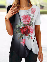 Floral Print Round Neck Irregular Hem Knitted Tshirt