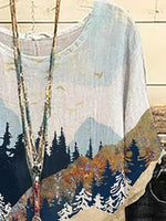 Landscape Print Crew Neck Short Sleeves Shirts