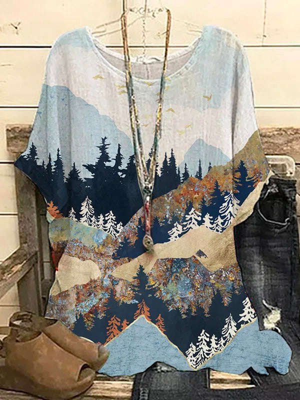 Landscape Print Crew Neck Short Sleeves Shirts