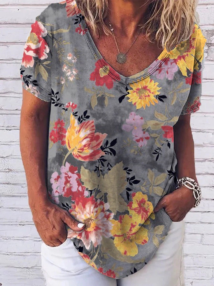 Floral Print V-neck Casual Short Sleeves T-shirt