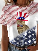 American Flag and Cat Print Short Sleeves T-shirt