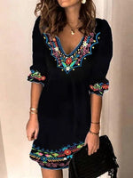 Ethnic Print V-neck Half Sleeves Casual Midi Dress