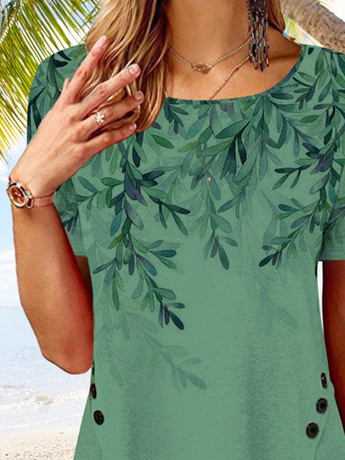 Tree Print Buttons Irregular Hem Short Sleeves T-shirt