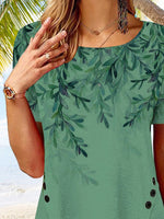 Tree Print Buttons Irregular Hem Short Sleeves T-shirt