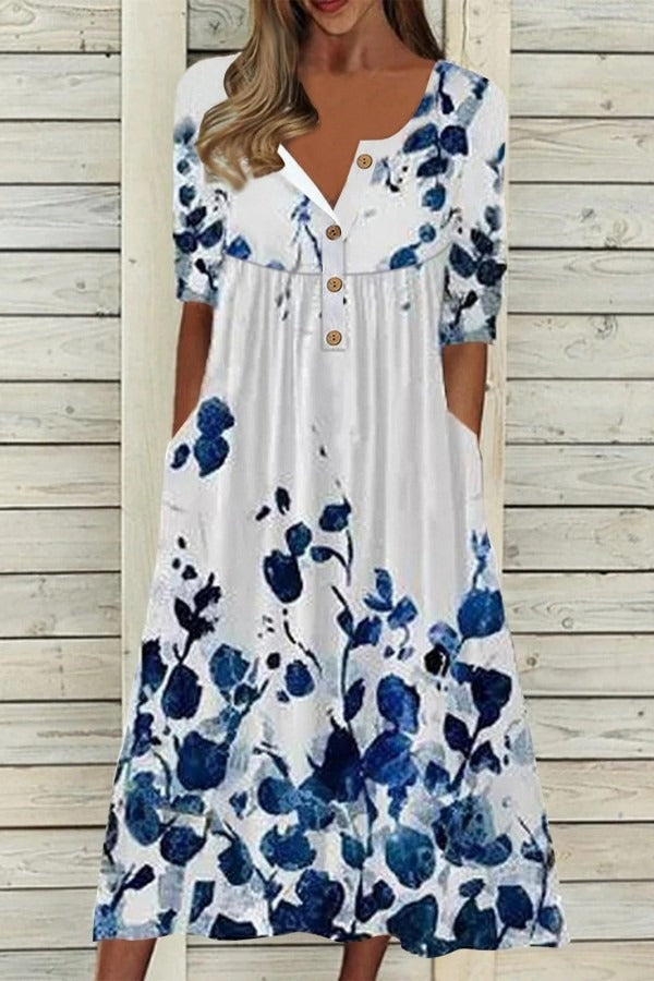 Floral Print O-neck Buttons Half Sleeves Midi Dress