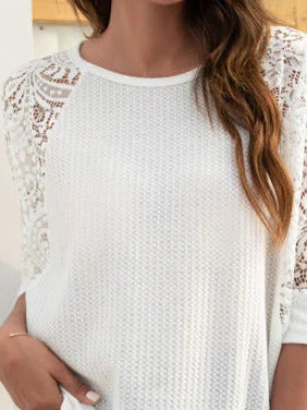 Solid Color Crew Neck Lace Half Sleeves Blouse