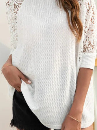 Solid Color Crew Neck Lace Half Sleeves Blouse