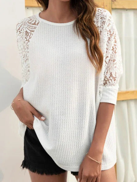 Solid Color Crew Neck Lace Half Sleeves Blouse