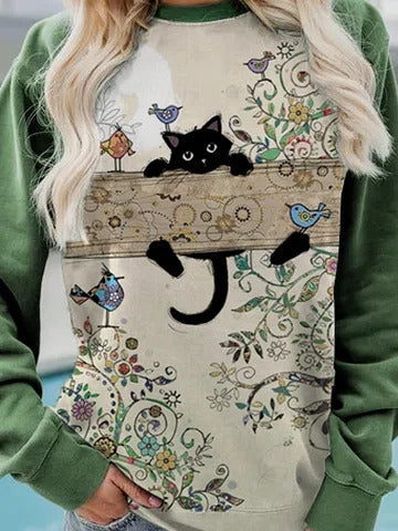 Bird Cat Print Crew Neck Long Sleeves Sweatshirt
