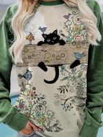 Bird Cat Print Crew Neck Long Sleeves Sweatshirt