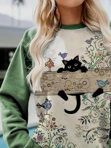 Bird Cat Print Crew Neck Long Sleeves Sweatshirt