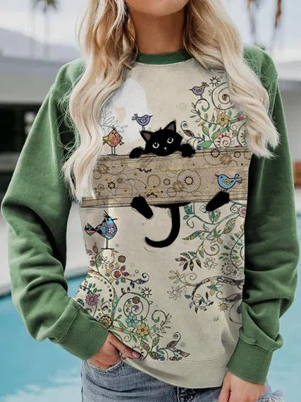 Bird Cat Print Crew Neck Long Sleeves Sweatshirt
