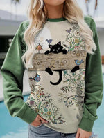 Bird Cat Print Crew Neck Long Sleeves Sweatshirt