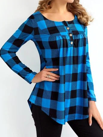 Plaid Boat Neck Buttons Long Sleeves Blouse