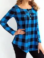 Plaid Boat Neck Buttons Long Sleeves Blouse