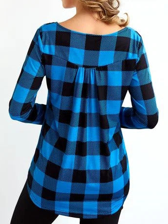 Plaid Boat Neck Buttons Long Sleeves Blouse