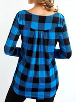Plaid Boat Neck Buttons Long Sleeves Blouse