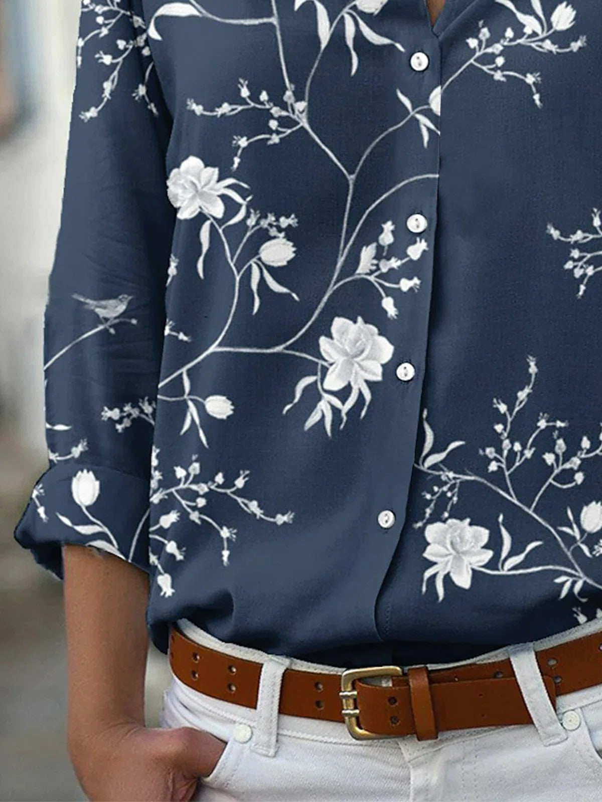 Floral Print Collared Buttons Long Sleeves Blouse