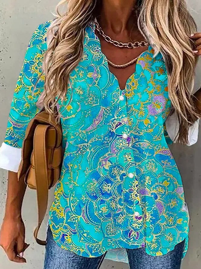 Ethnic Print V-neck Buttons Long Sleeves Blouse