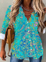 Ethnic Print V-neck Buttons Long Sleeves Blouse