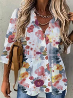 Floral Print V-neck Buttons Long Sleeves Blouse
