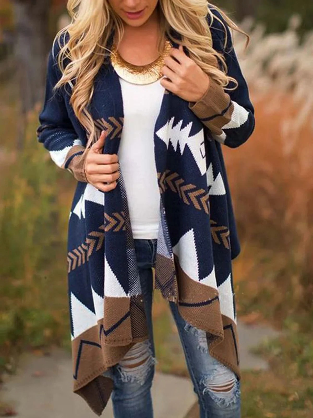 Geometric Print Casual Long Sleeves Sweater Cardigan